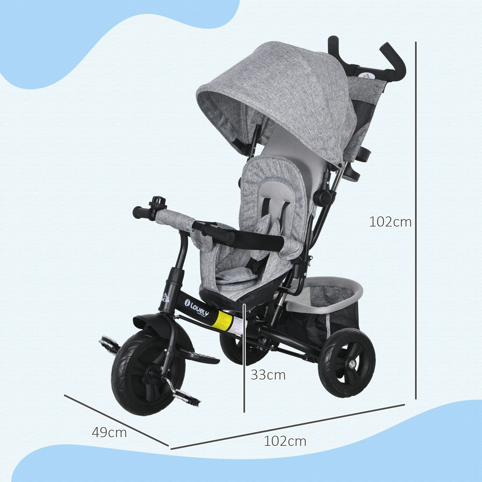 Triciclo para Bebés Triciclo Evolutivo para Niños con Toldo Plegable Mango de Empuje Telescópico y Desmontable Bolso para Mamá y Portabotellas 102x49x102 cm Gris