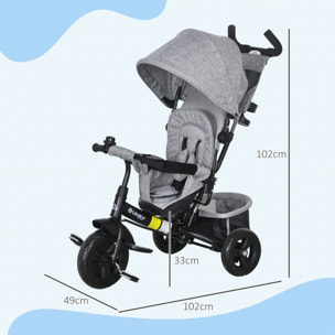 Triciclo para Bebés Triciclo Evolutivo para Niños con Toldo Plegable Mango de Empuje Telescópico y Desmontable Bolso para Mamá y Portabotellas 102x49x102 cm Gris