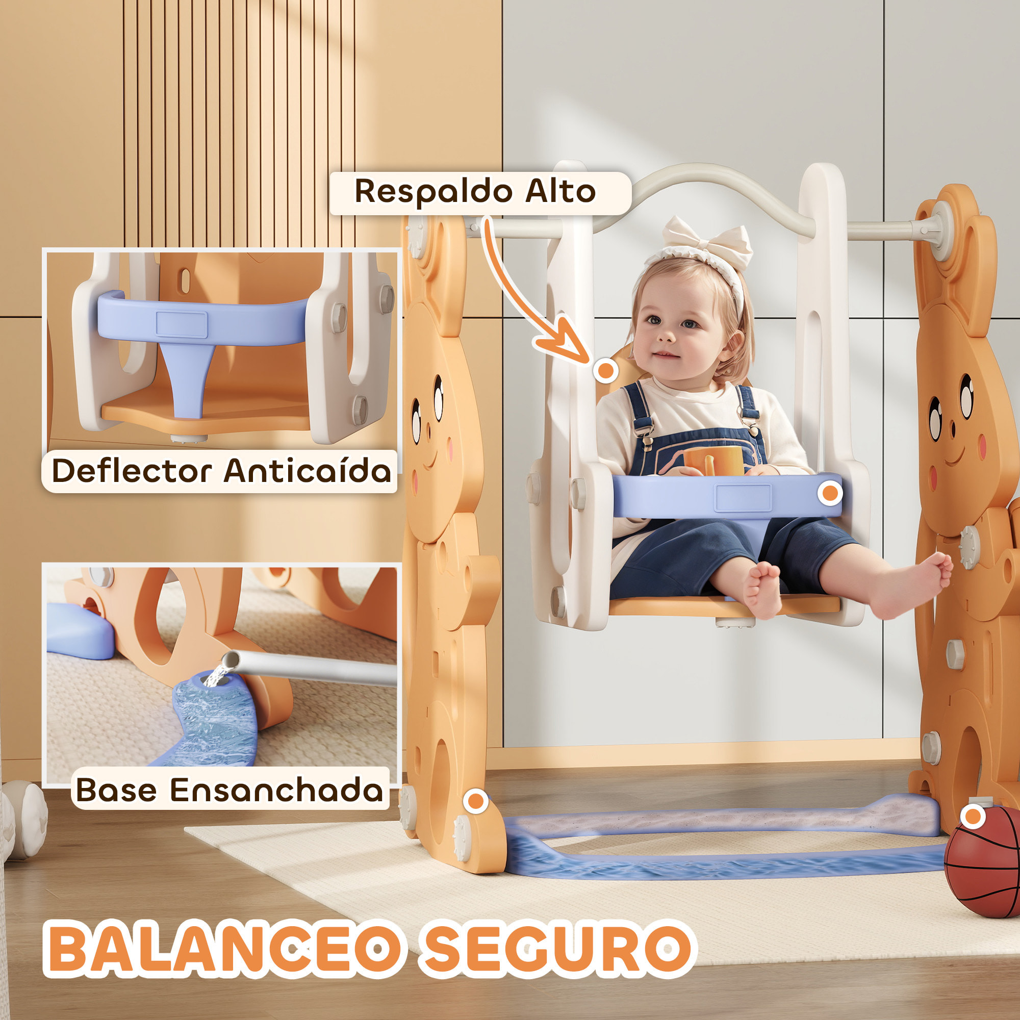 Tobogán Infantil 4 en 1 Columpio y Tobogán Trepador Aro de Baloncesto Temática de Conejo Parque Infantil para Interior y Exterior Naranja