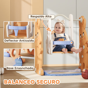 Tobogán Infantil 4 en 1 Columpio y Tobogán Trepador Aro de Baloncesto Temática de Conejo Parque Infantil para Interior y Exterior Naranja