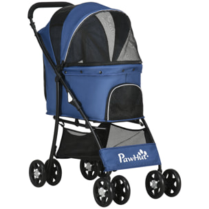 Carrito para Perros Plegable Cochecito para Mascotas Carrito para Perros Pequeños con Cesta de Almacenaje Capota Ajustable Ventana de Malla y 2 Ruedas Universales 81x48x99 cm Azul Oscuro