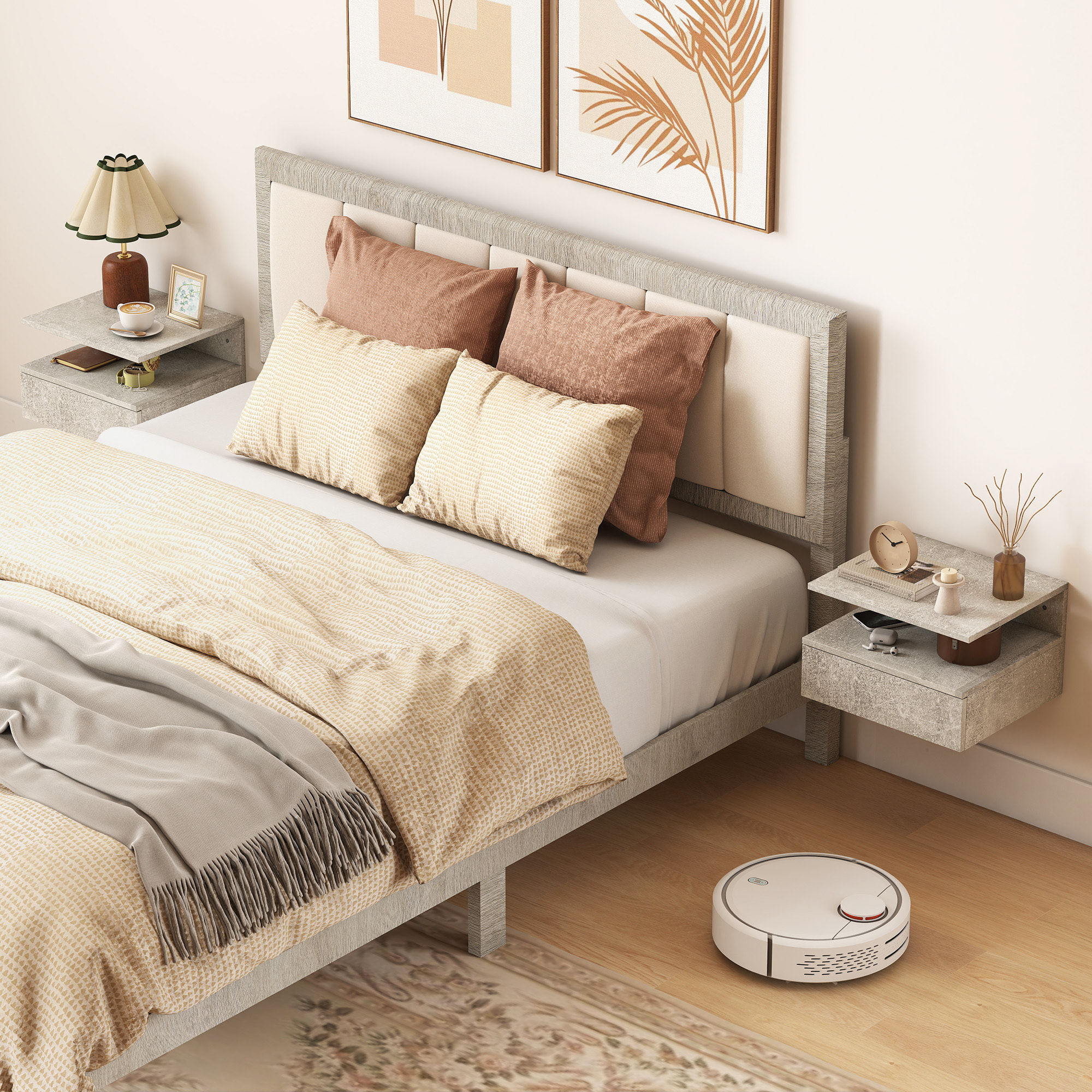 Juego de 2 Mesitas de Noche Flotantes, Mesillas de Noche Dormitorio con Cajón, Estante Abierto, Ahorra Espacio, Diseño Moderno, para Sala de Estar, 35x32x22,5 cm, Gris