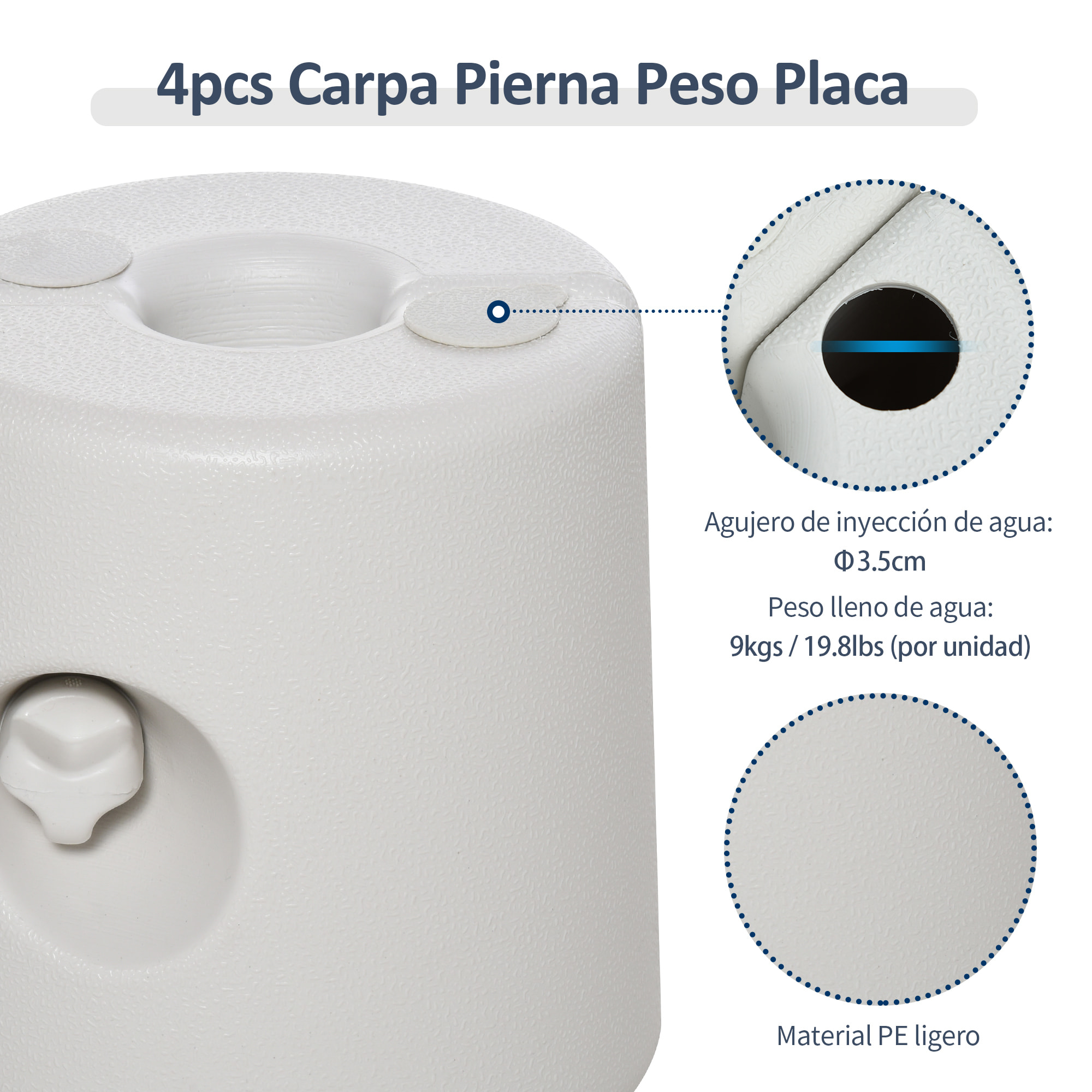 Pack de 4 Pesos para Carpas Plegables Soportes Rellenables con 9 kg de Agua Pesos para Cenador con Perillas de Fijación Ø22/24x25 cm Blanco