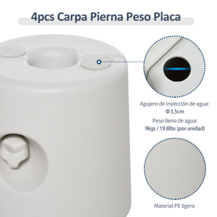 Pack de 4 Pesos para Carpas Plegables Soportes Rellenables con 9 kg de Agua Pesos para Cenador con Perillas de Fijación Ø22/24x25 cm Blanco