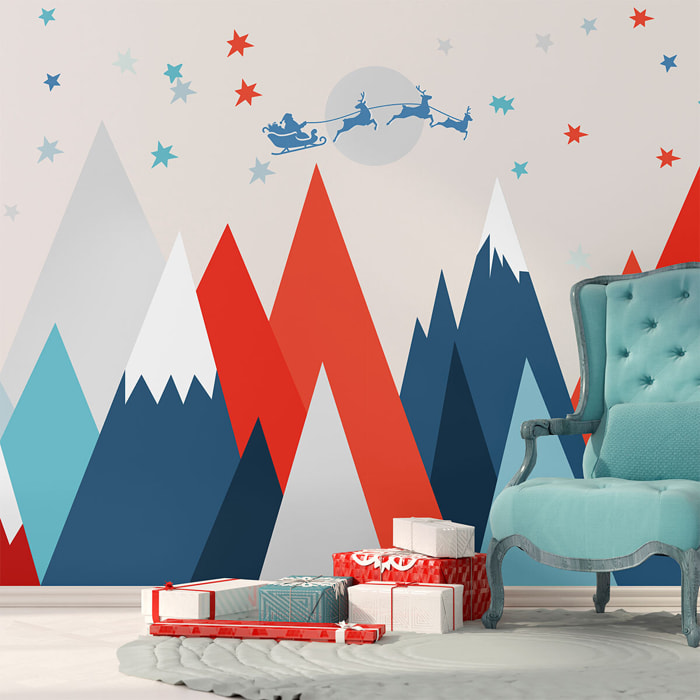 Stickers muraux Noël - Décoration chambre salon - Autocollant Sticker mural géant montagnes scandinaves MONTAGNES SCANDINAVES RENNES ET PÈRE NOËL