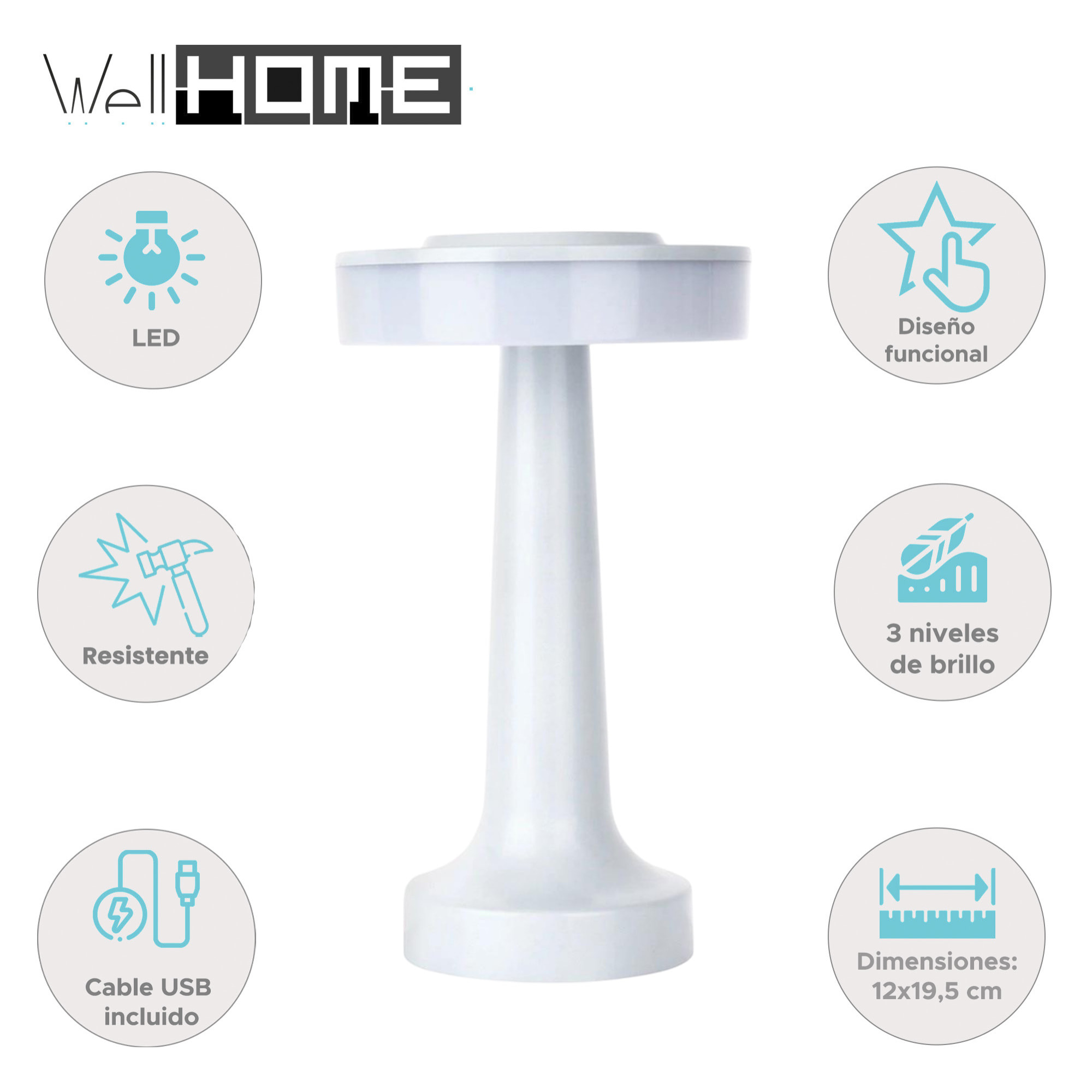 Well Home Lámpara de Mesa LED con control Táctil y batería recargable con 120 lúmenes Ø12x19,5cm