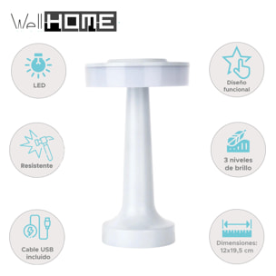 Well Home Lámpara de Mesa LED con control Táctil y batería recargable con 120 lúmenes Ø12x19,5cm