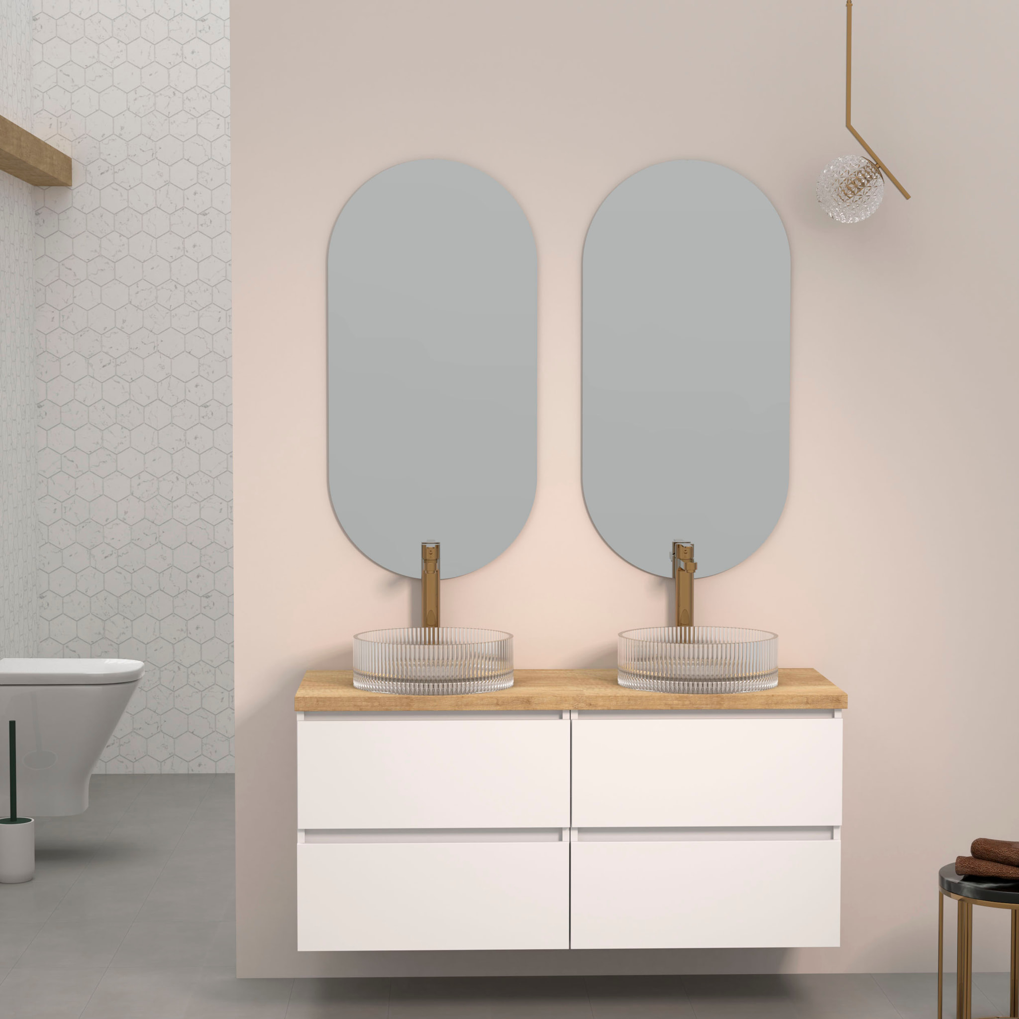 ENSEMBLE SALLE DE BAIN KUB | 140 CM BLANC | 4 TIROIRS | LAVABOS EN VERRE | N'INCLUT PAS MIROIR | MEUBLE MONTÉ | ALDAY