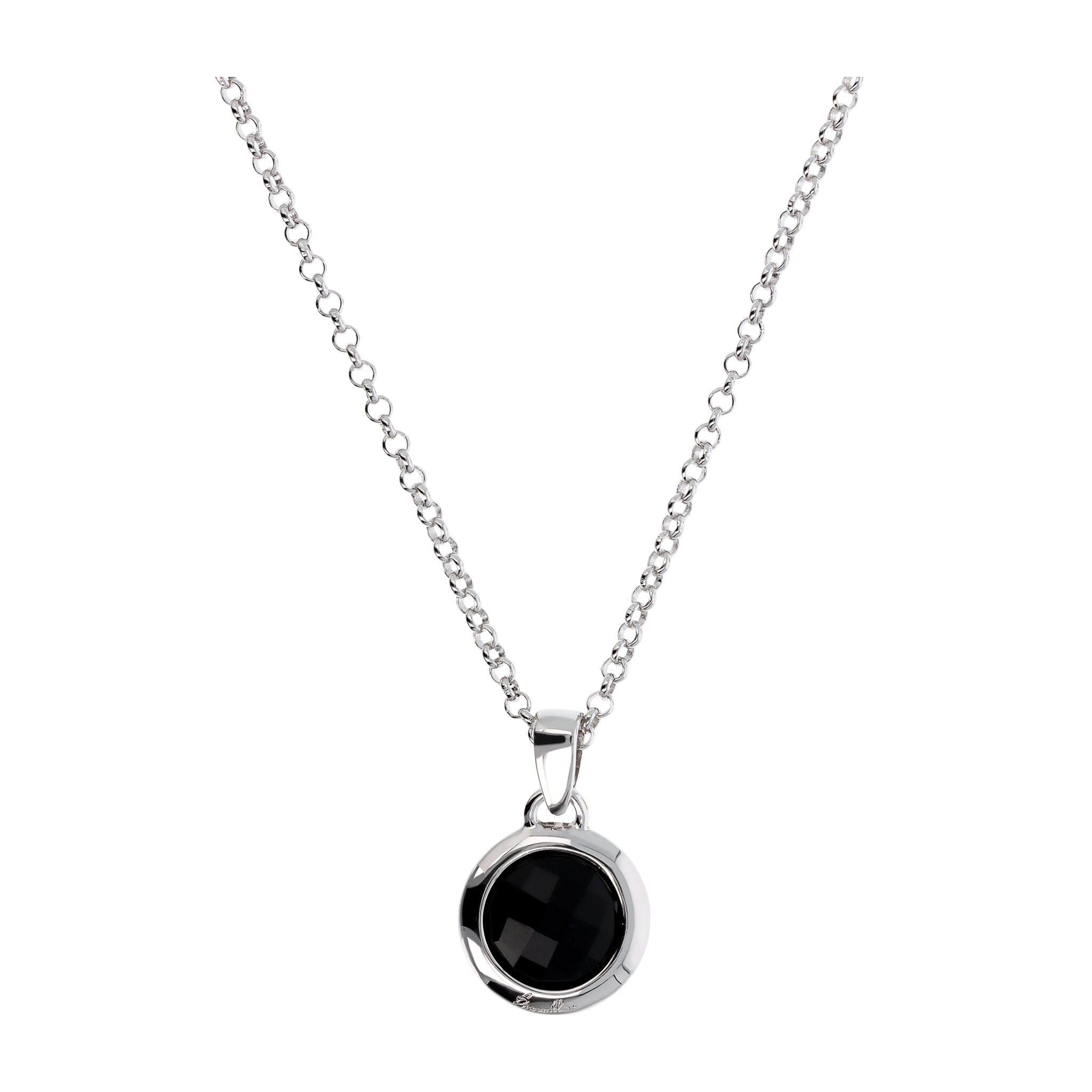 Collana Lunga Catena Rolo White con Pendente Tondo in Onice Nero Sfaccettato