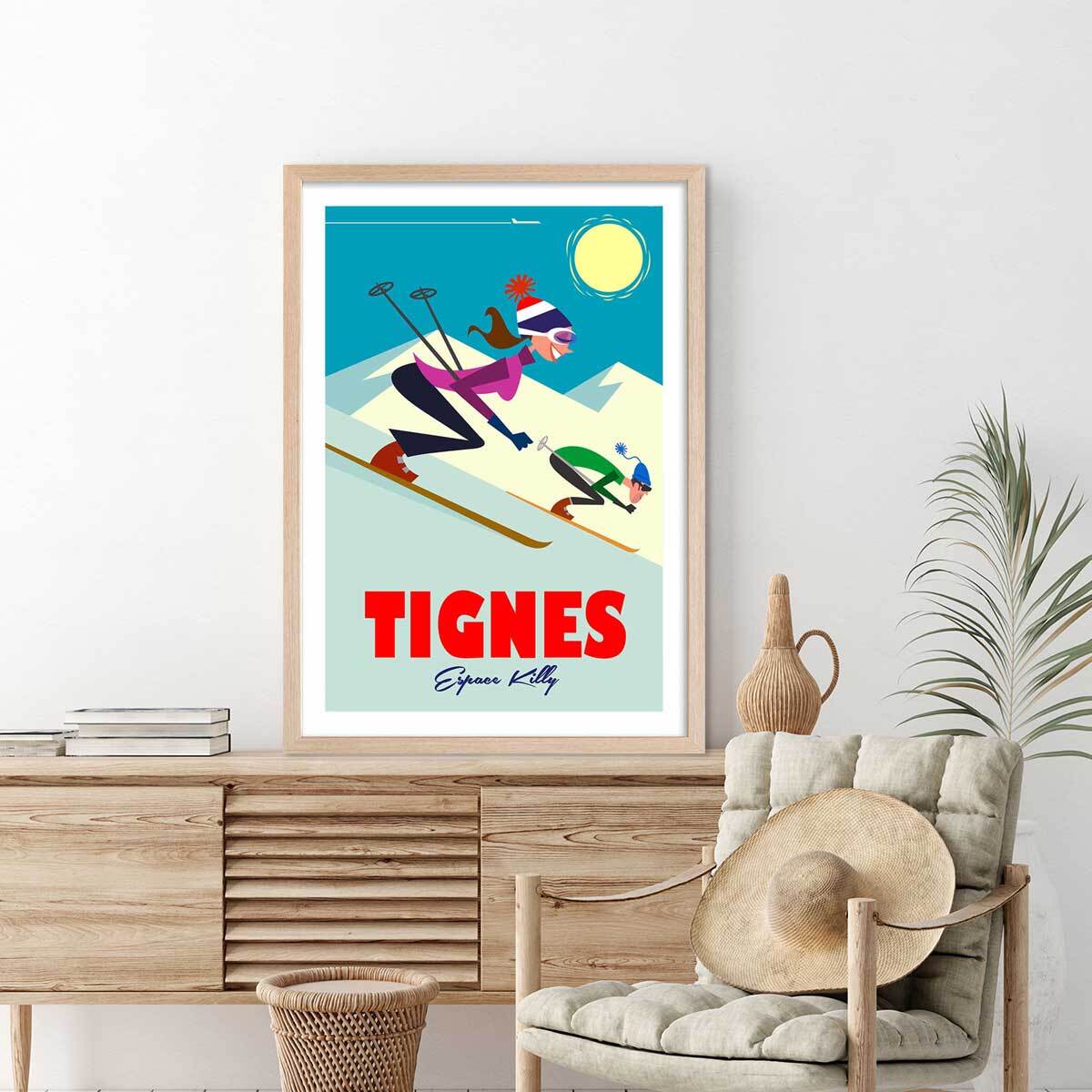 Affiche Ski à Tignes Affiche + cadre en bois - Chêne