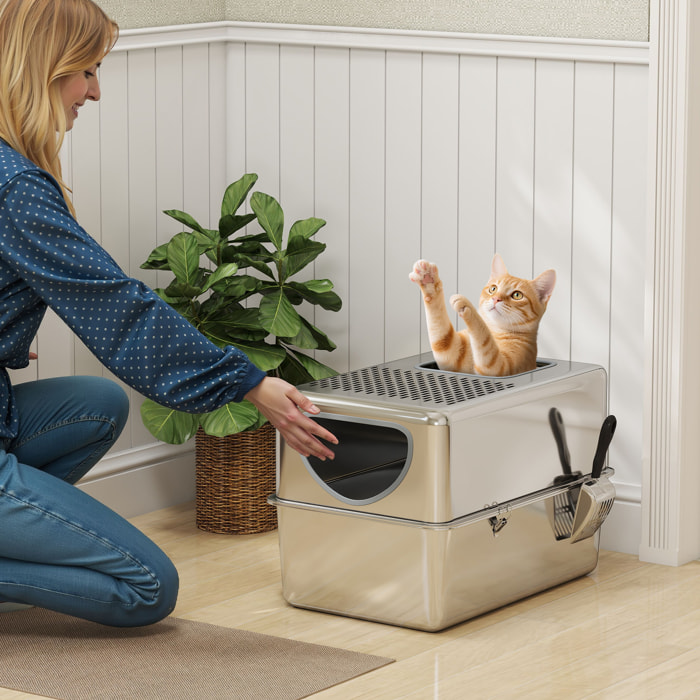 Arenero para Gatos de Acero Inoxidable XL Caja de Arena para Gatos Arenero con Pala Aberturas Dobles Fácil de Limpiar Plata