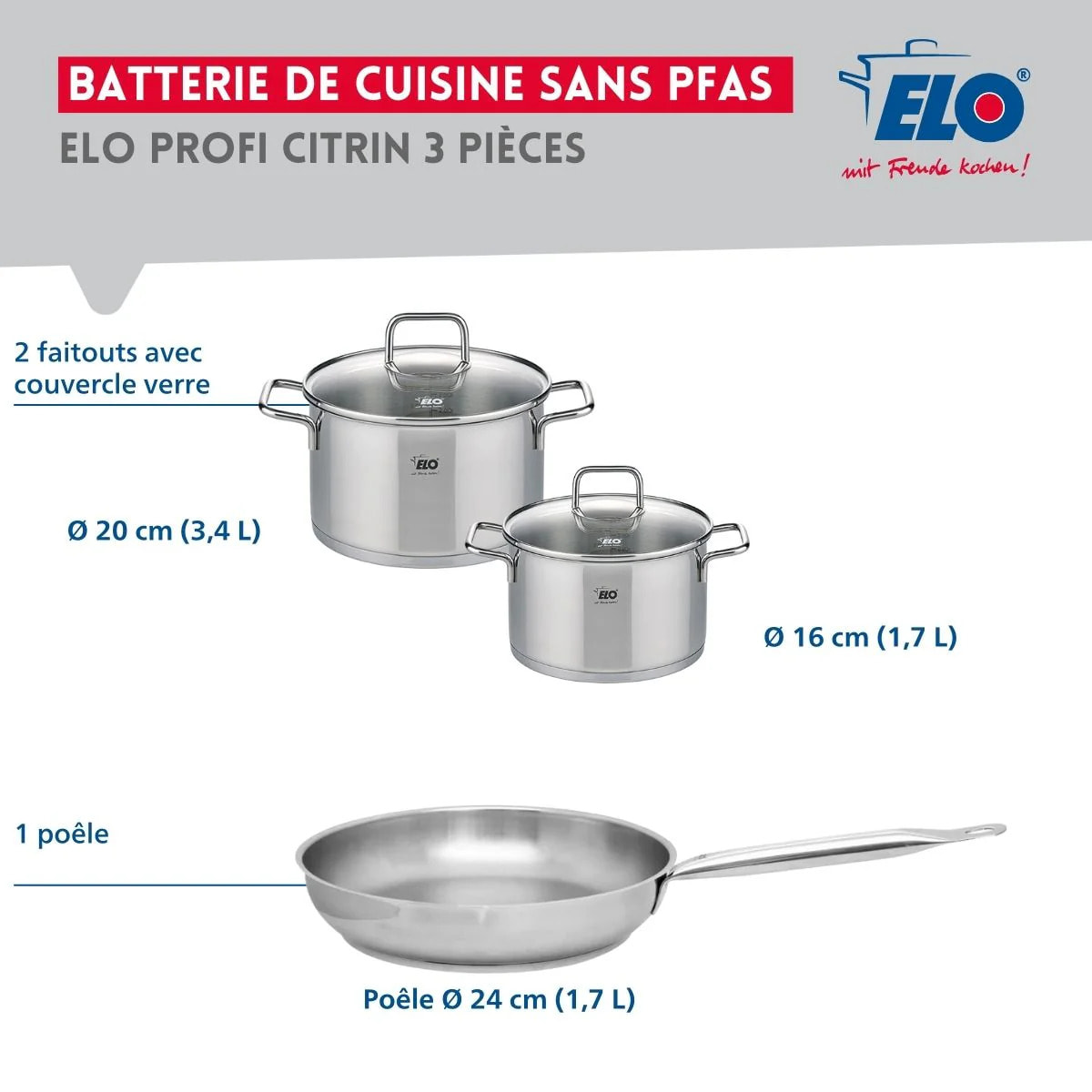 Ensemble de 1 Poêle de cuisson 24 cm et 2 faitouts 16 et 20 cm Elo Profi Citrin