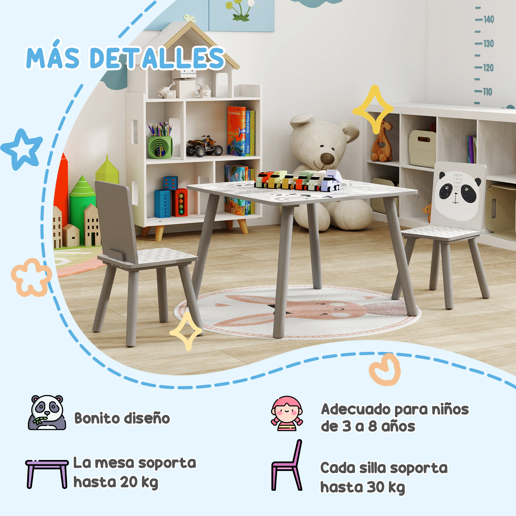 Mesa y Sillas Infantiles de 3 Piezas Mesa Infantil con 2 Sillas Juego de Muebles para Actividades para Niños de 3-8 Años para Dormitorio Sala de Juegos Gris y Blanco