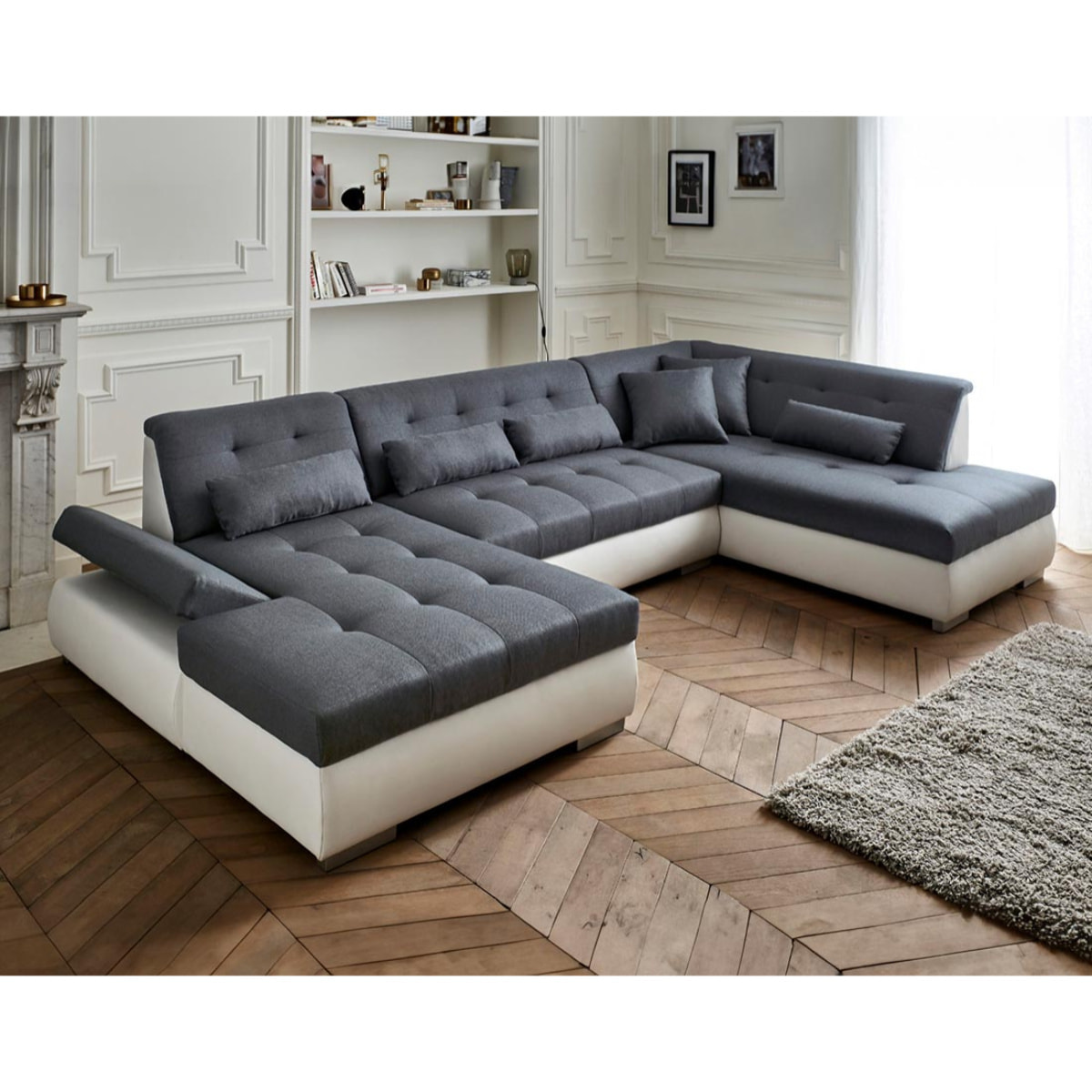 Vermont - canapé panoramique d'angle droit - 7 places - XXL - Blanc / Gris