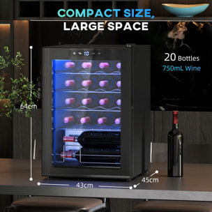 HOMCOM Vinoteca 20 Botellas, Nevera para Vinos con Compresor, Puerta de Doble Cristal Anti-UV, Temperatura 5-18°C, Pantalla Táctil, 4 Estantes Regulables, Luz LED Interior, Silenciosa 39DB, Negro