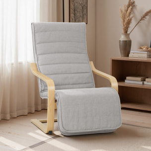 Sillón de Salón con Reposapiés Ajustable, Butaca de Salón Tapizada en Lino Sintético con Marco de Madera, Sillón de Relax para Dormitorio, Oficina, Estudio, 66,5x94x100 cm, Gris Claro