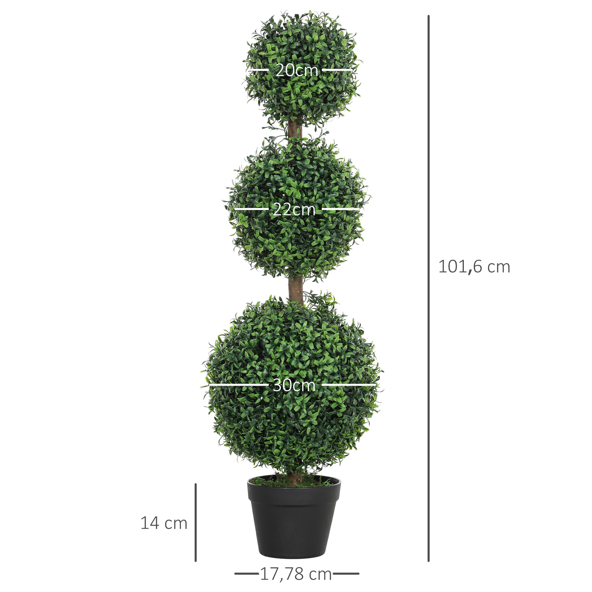 Lot de 2 buis artificiels topiaires en forme de boules x 3 dim. Ø30 x 101H cm avec pots