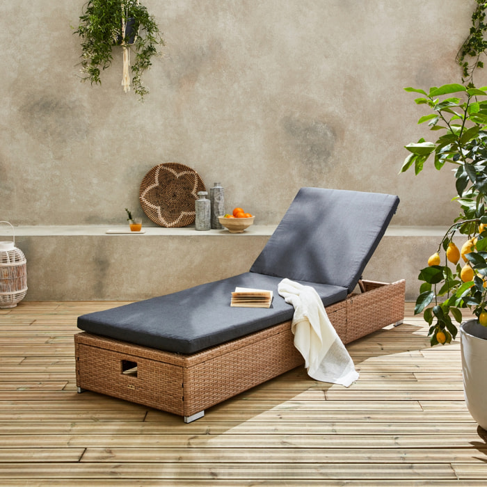 Bain de soleil. résine tressée. coussins polyester gris. multi-position. Olbia L195 x P65 x H32/97cm