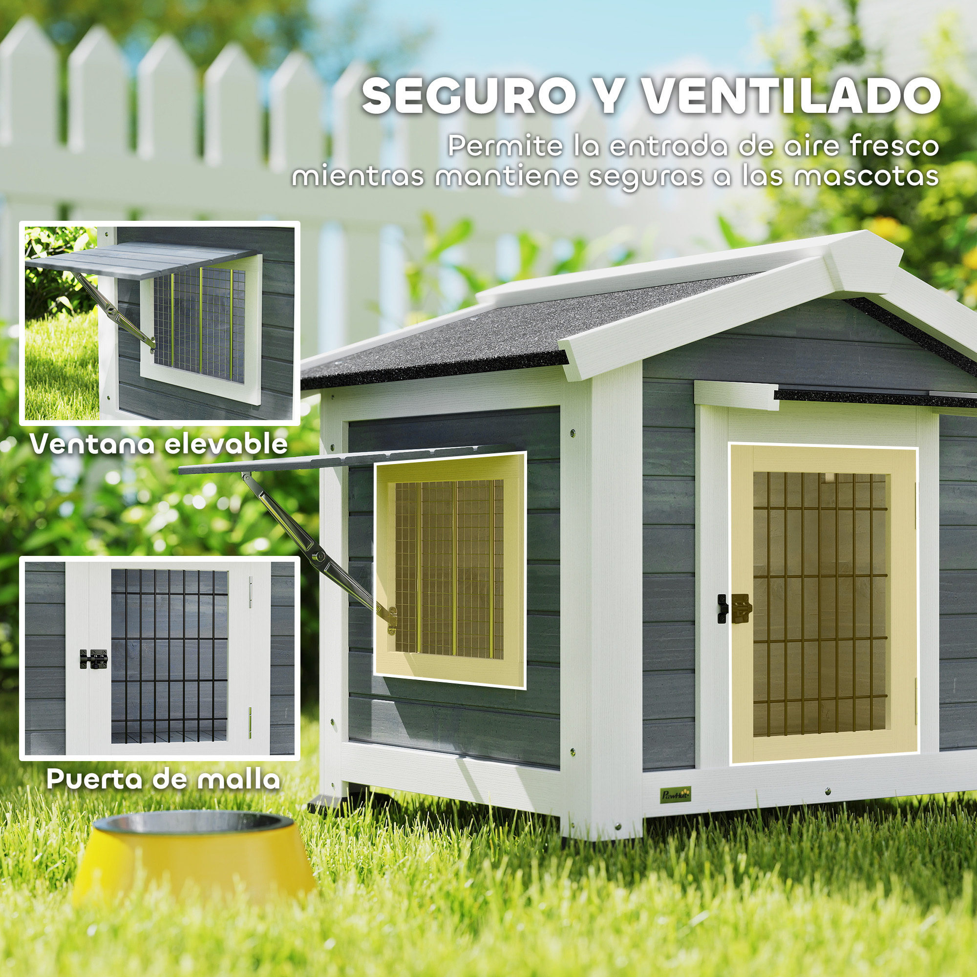 Caseta para Perros Exterior de Madera, Casa para Perros Medianos con Techo Asfático, Suelo Extraíble, Ventana Abatible y Puerta Ventilada, Base Elevada, 98x76x69,5 cm, Gris