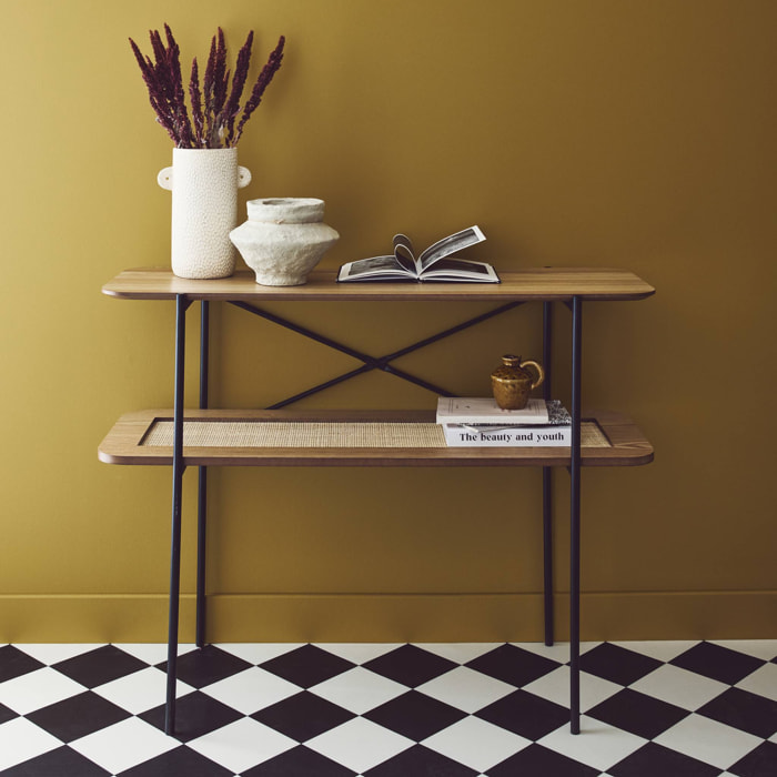 Console vintage 100 cm double plateaux effet bois et cannage. piètement et structure en métal noir