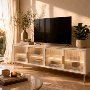 Mobile Tv elegante con 4 ante in vetro, ripiani interni e illuminazione LED integrata. Struttura resistente laminato 181.3 x 39.3 x 61.6 cm Cashmere