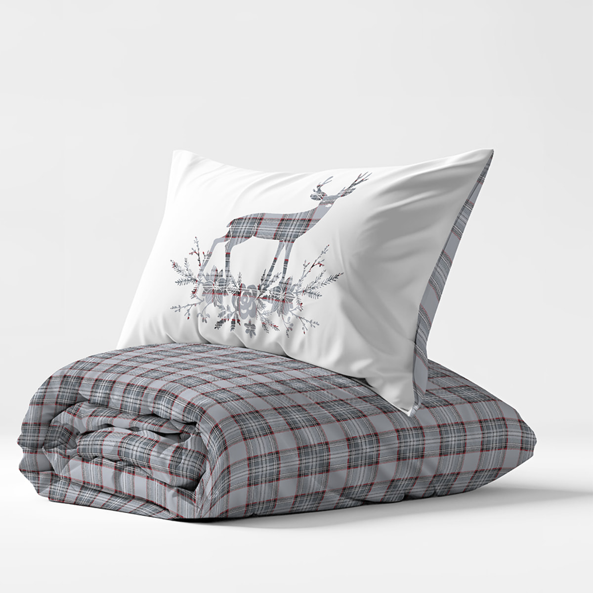 Parure copripiumino cervo tartan grigio 100% cotone
