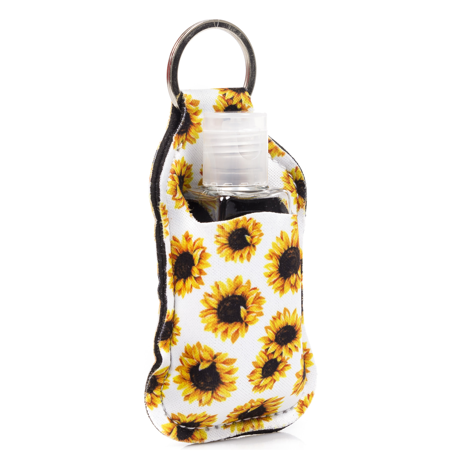 Portachiavi bottiglia igienizzante per mani alcol ricaricabile 30ml tessuto design girasole bianco