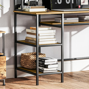 Bureau informatique design industriel 4 étagères grand plateau et panneau noir métal aspect bois