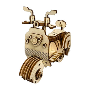 Maqueta de Madera 3D, con movimiento mecánico diseño de Motocicleta Antigua. 69 piezas.