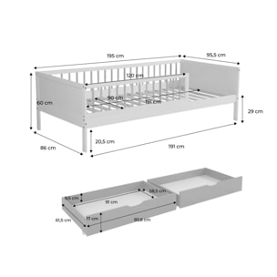Lit enfant 90 x 190 cm pin naturel avec sommier à lattes et tiroirs ELIO