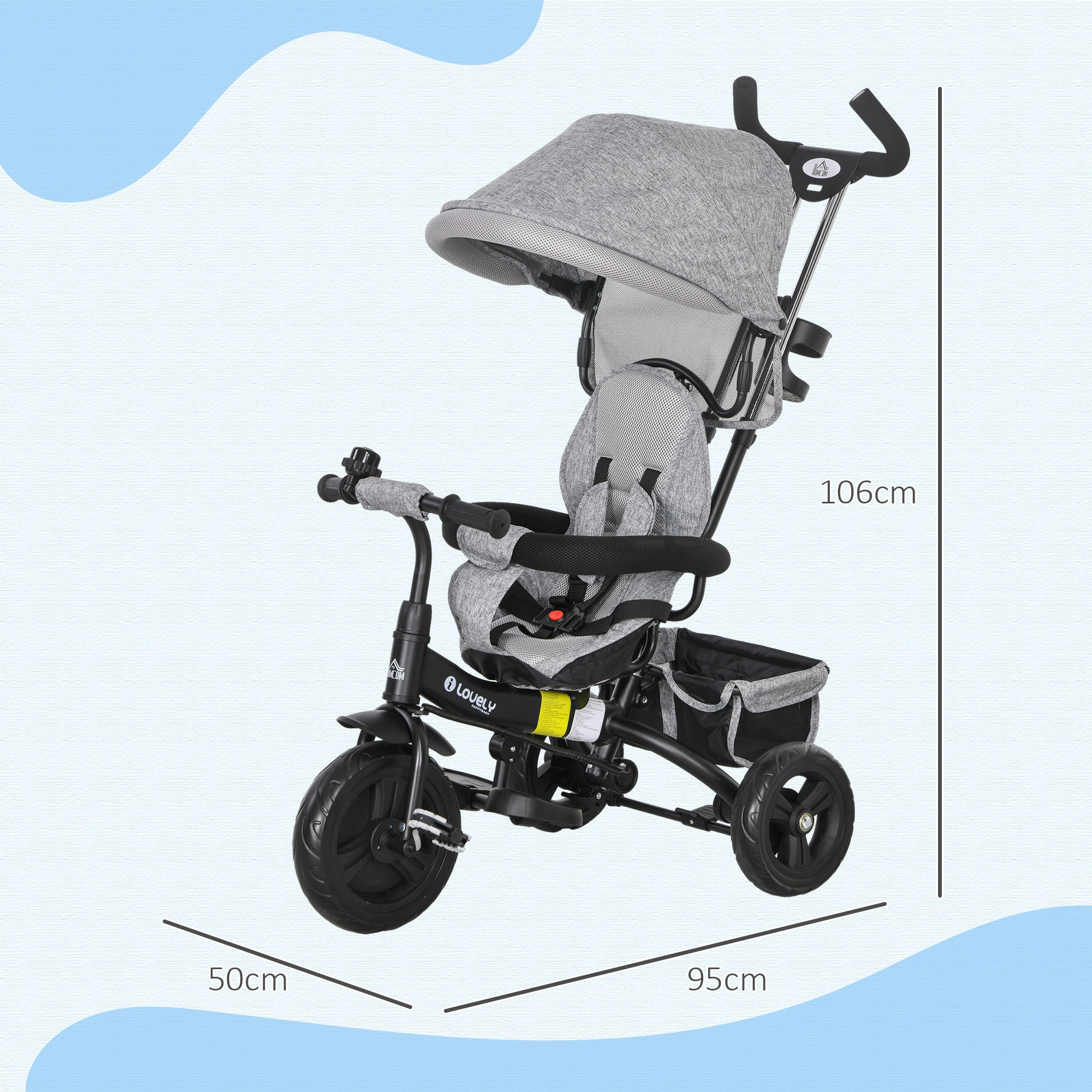 Triciclo Evolutivo para Bebés 6 en 1 Triciclo para Niños de 1-5 Años Bicicleta para Niños con Toldo Plegable Mango Telescópico Desmontable Cinturón de Seguridad y Cesto 95x50x106 cm Gris