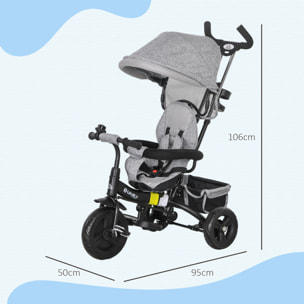 Triciclo Evolutivo para Bebés 6 en 1 Triciclo para Niños de 1-5 Años Bicicleta para Niños con Toldo Plegable Mango Telescópico Desmontable Cinturón de Seguridad y Cesto 95x50x106 cm Gris