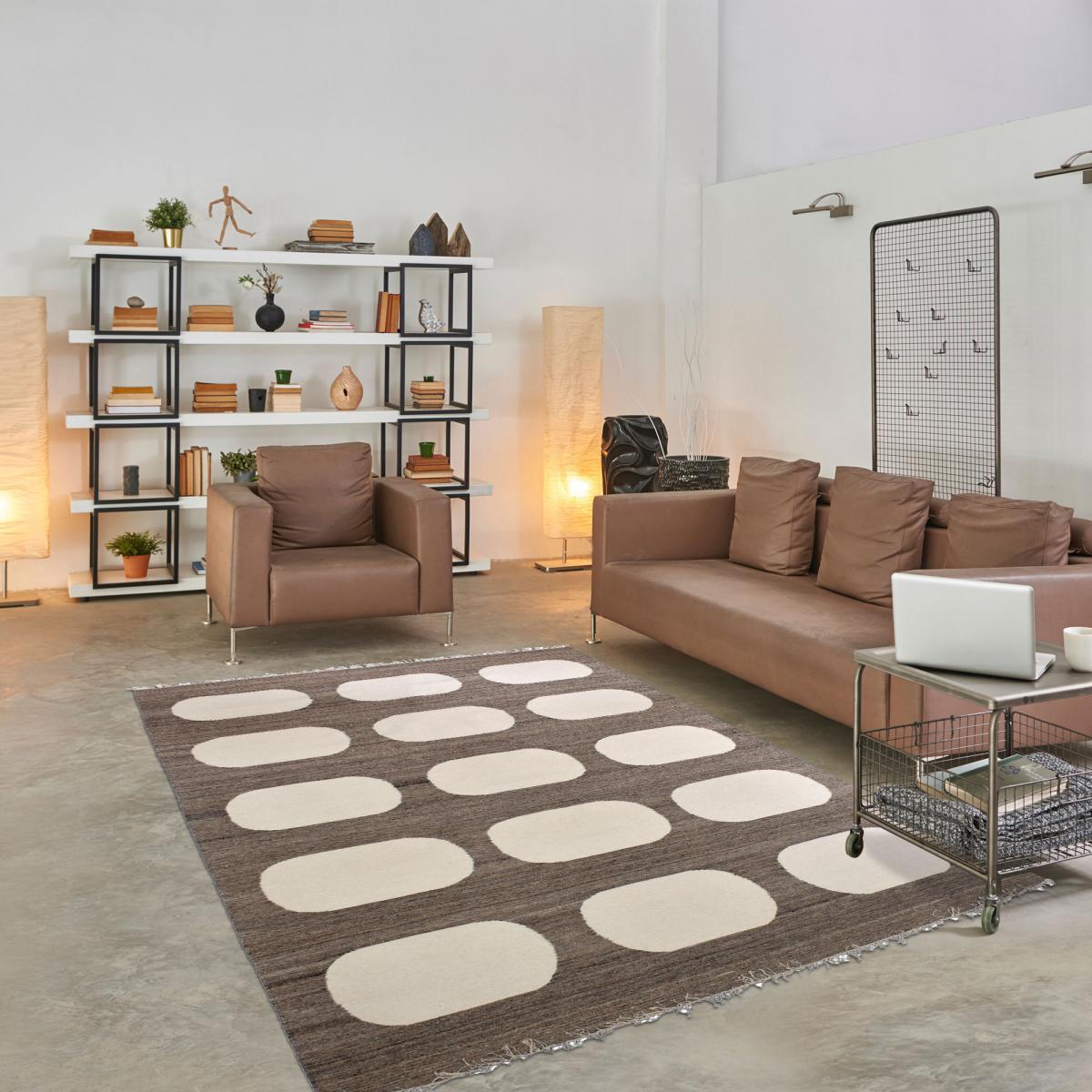 Tapis kilim Reversible Meco tissé à la main en laine beige et marron Motif simple