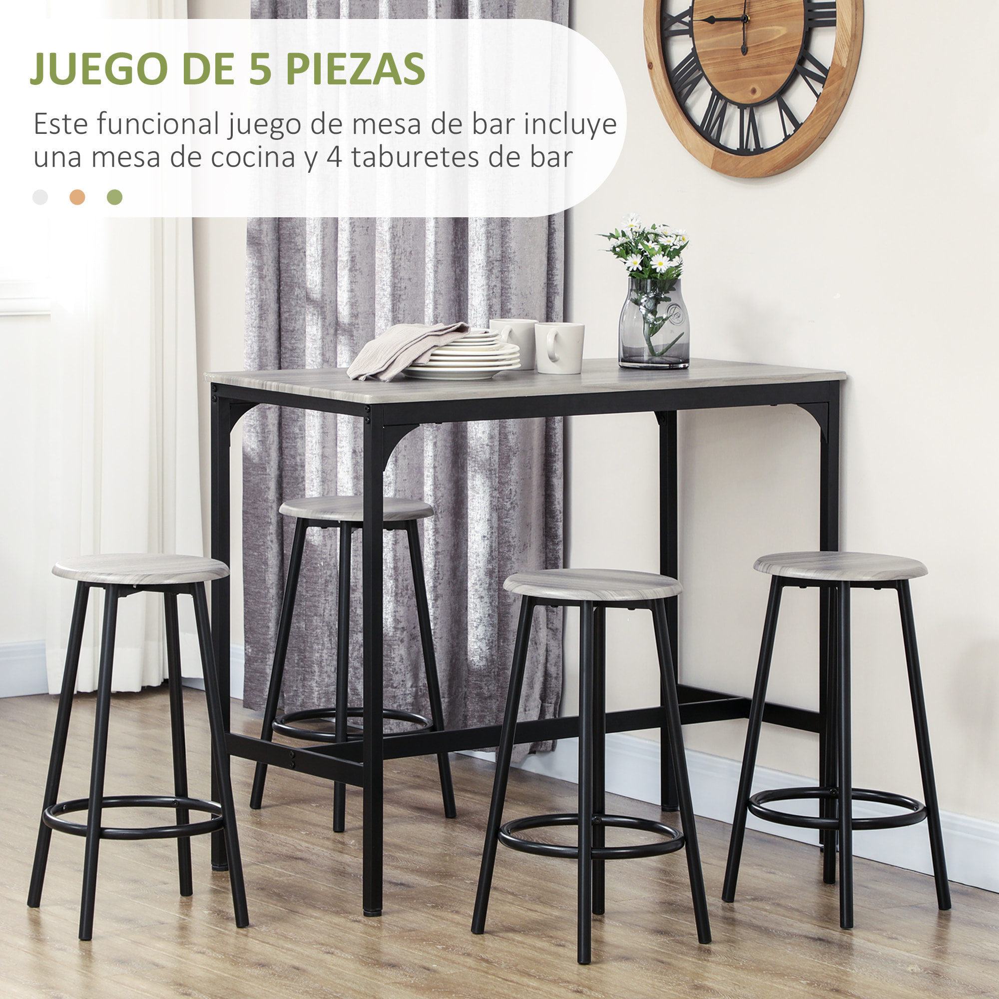 Conjunto Mesa Alta de Cocina con 4 Taburetes, Mesa de Bar Alta, Ahorro de Espacio, para Pisos Pequeños, Cocina, Comedor, Balcón o Isla Cocina 110x50x89,5 cm, Gris y Negro