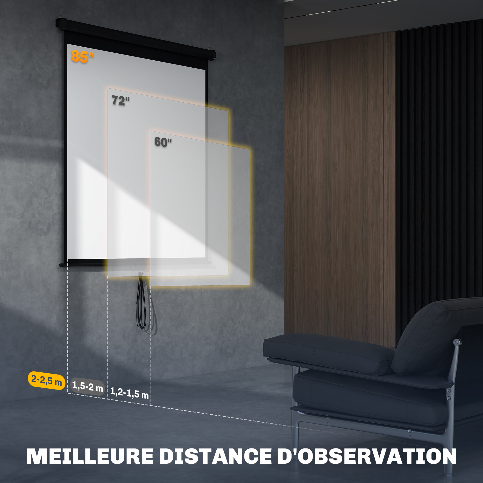 Écran de projection home-cinéma TV format 1:1 85 pouces 4K HD métal PVC noir
