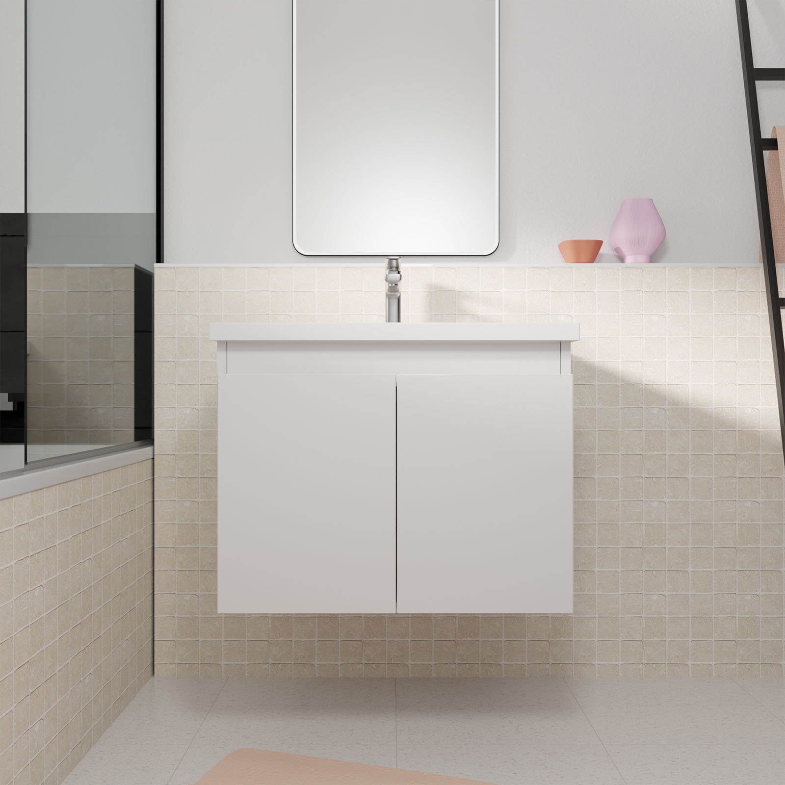Meuble de salle de bains 60cm a Suspendre Blanc - 2 Portes - Vasque Blanche - ELEMENTARY