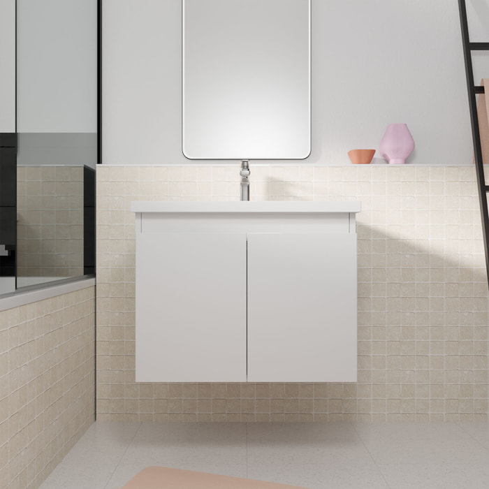 Meuble de salle de bains 60cm a Suspendre Blanc - 2 Portes - Vasque Blanche - ELEMENTARY
