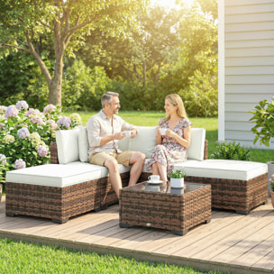 Conjunto de Jardín de Ratán de 6 Piezas, Conjunto Terraza Resistente, Muebles Jardín Exterior Incluye Cojines, 4 Módulos de Asiento, 1 Sofá Esquinero y Mesa Centro de Vidrio, Marrón Mixto