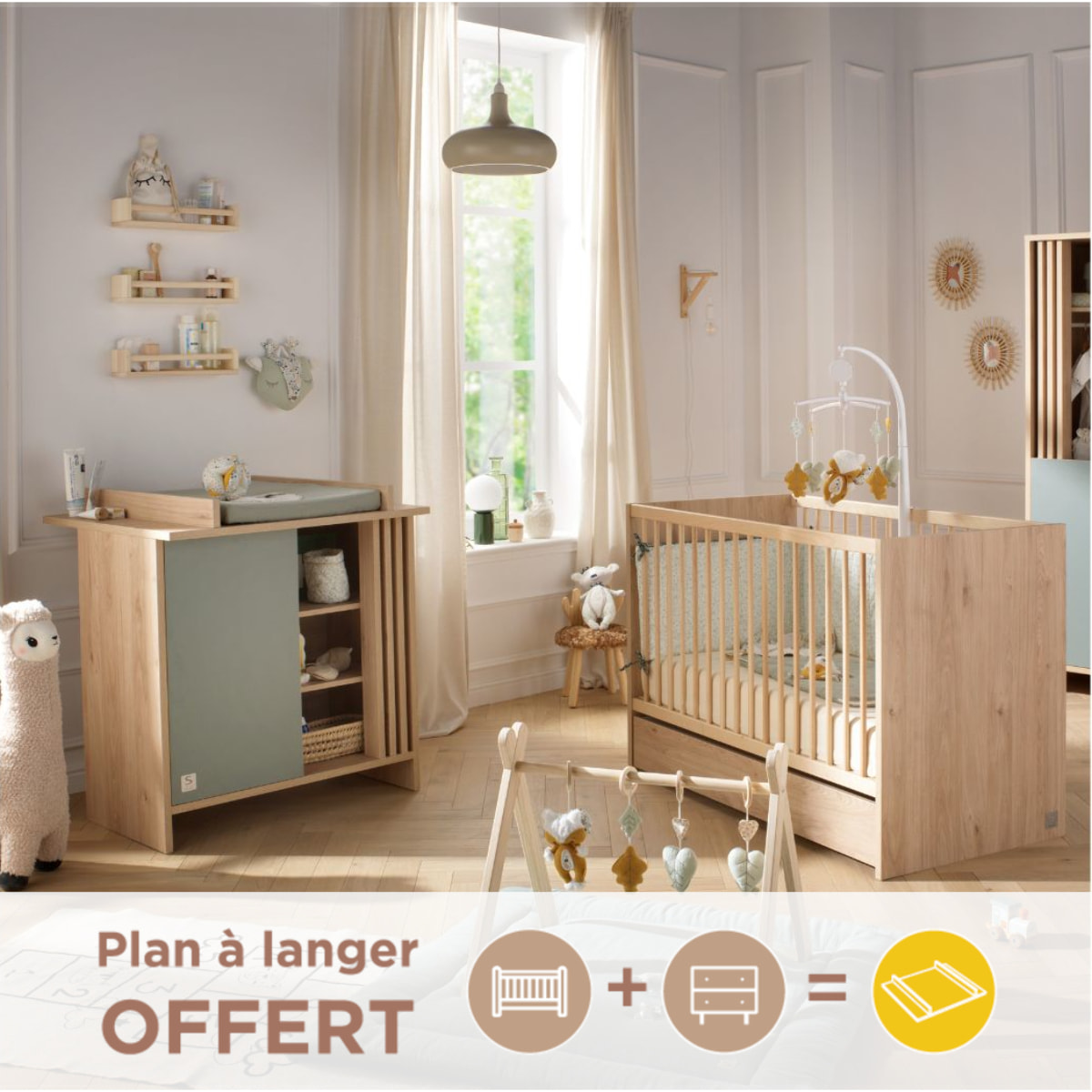 Chambre bébé complète Tokyo, Lit 120x60 et Commode à langer claustra - Chêne suave