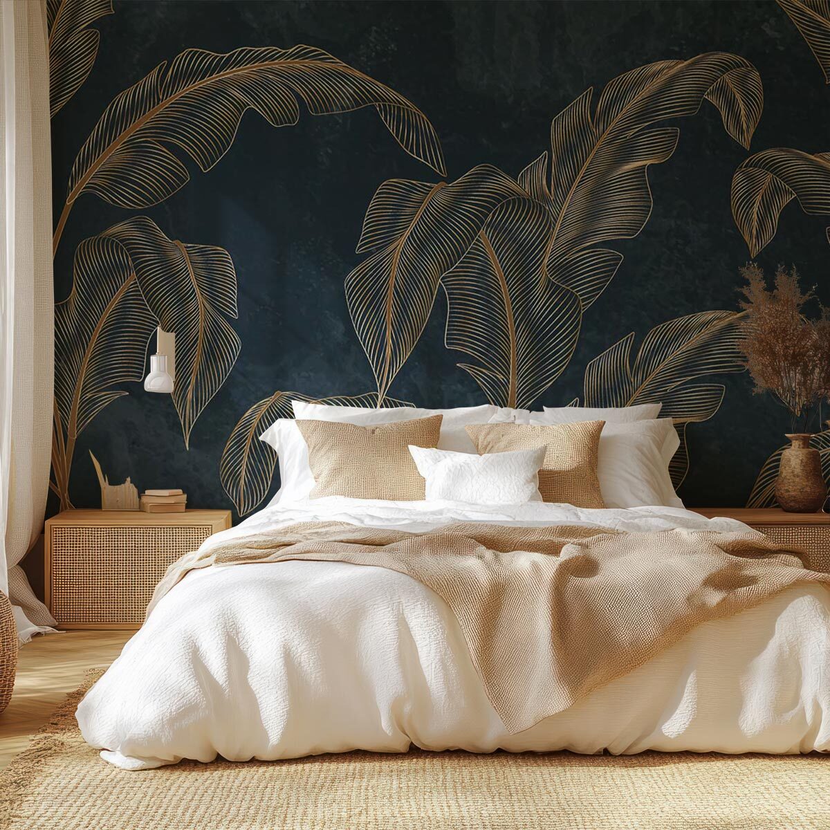 Papier peint tropical chic feuilles dorées fond bleu nuit Intissé