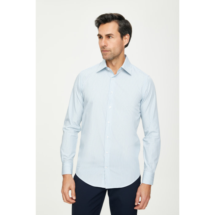 Camicia Uomo 1 Bottone Italiano Slim Cotone Riga Stretta Verde Medio/Bianco