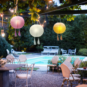 Lot de 3 lampion solaire lanterne chinoise 3 couleurs rose crème et orange LED blanc chaud SHANGRI LA ∅20cm