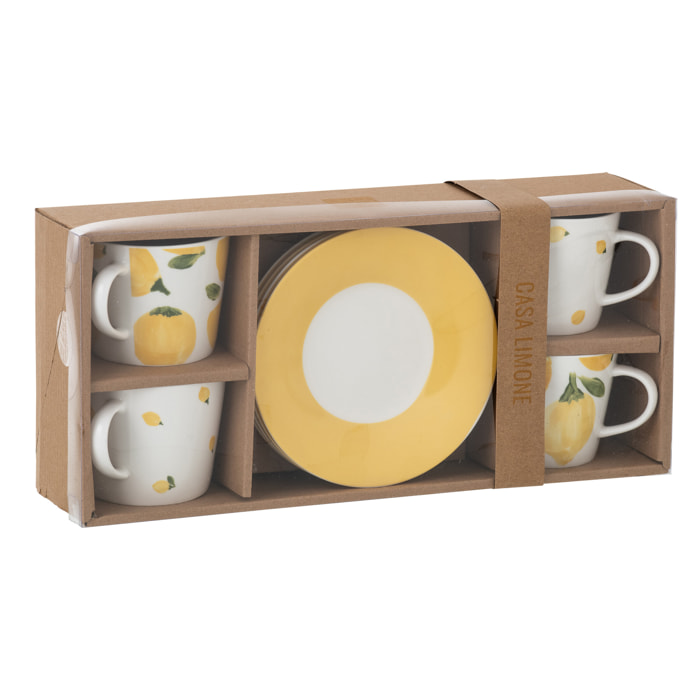 J-Line Tasse + Sous-tasse Citron - céramique - blanc/jaune - large - set de 4