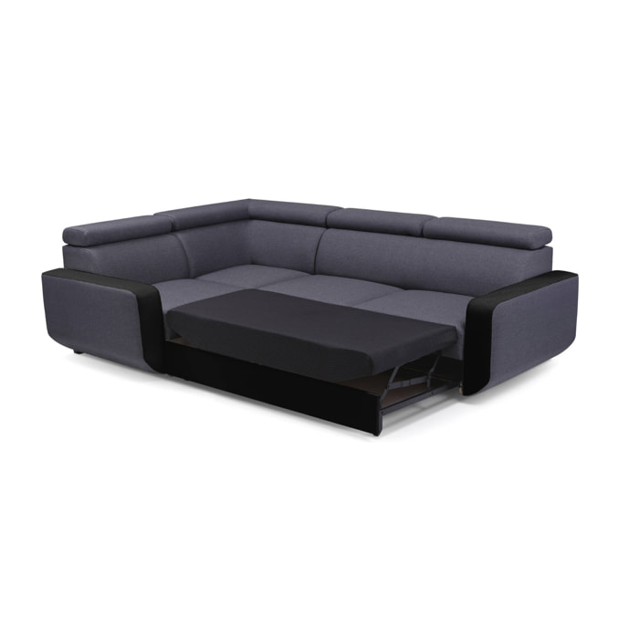 Dustin - Canapé d'angle L réversible - 5 places - Convertible avec coffre - Têtieres réglables - Noir / Gris