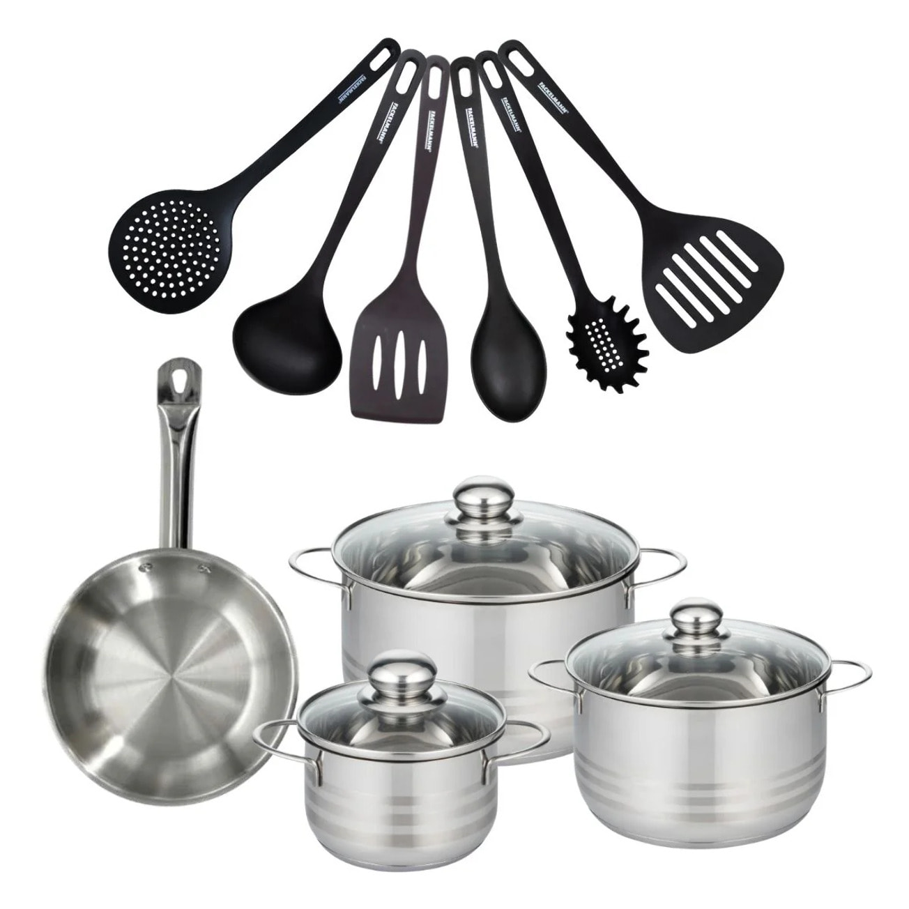 Set 1 poêle  en inox, 3 faitouts inox et 6 ustensiles RPET Fackelmann Eterna
