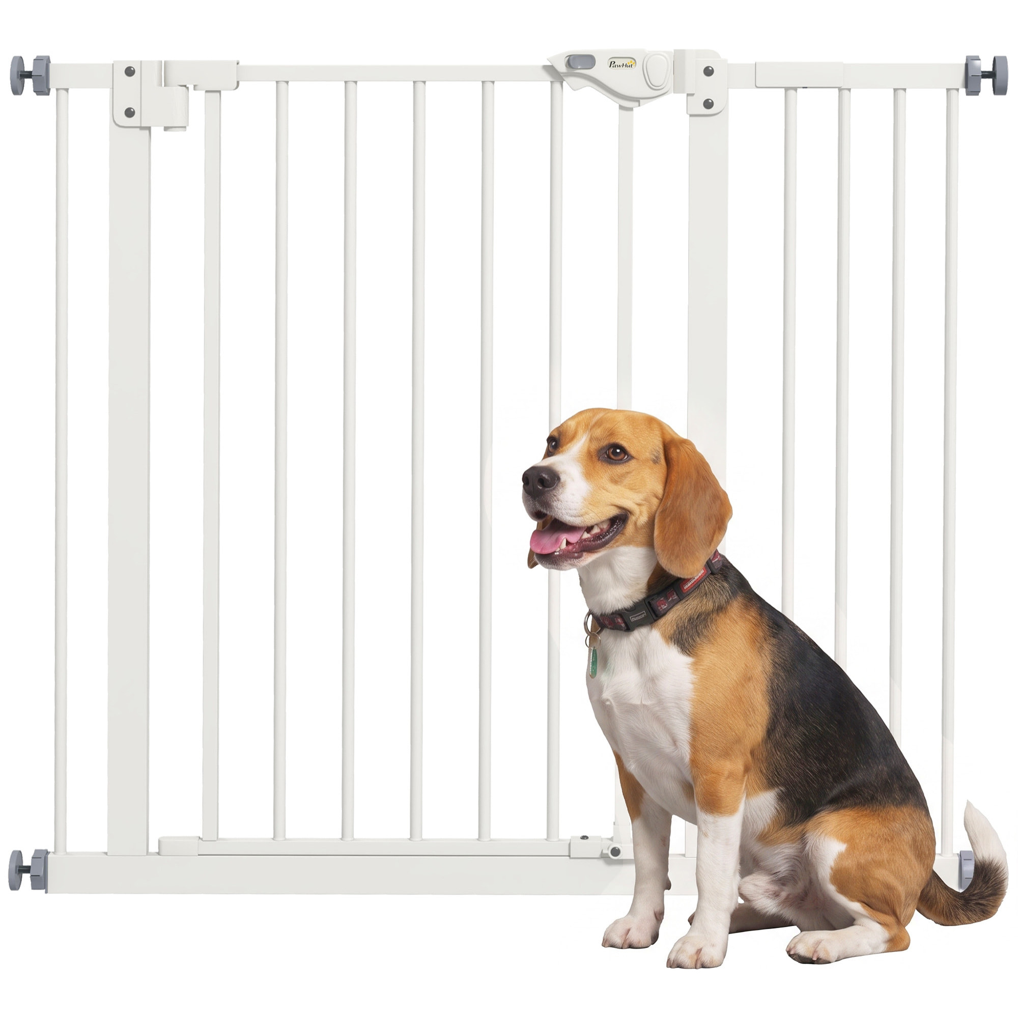 Barrera de Seguridad para Perros Extensible 74-94 cm, para Puertas y Escaleras, Barrera para Perros Medianos, Cierre Automático Montaje a Presión Doble Bloqueo 1 Extensión 14 cm, Blanco