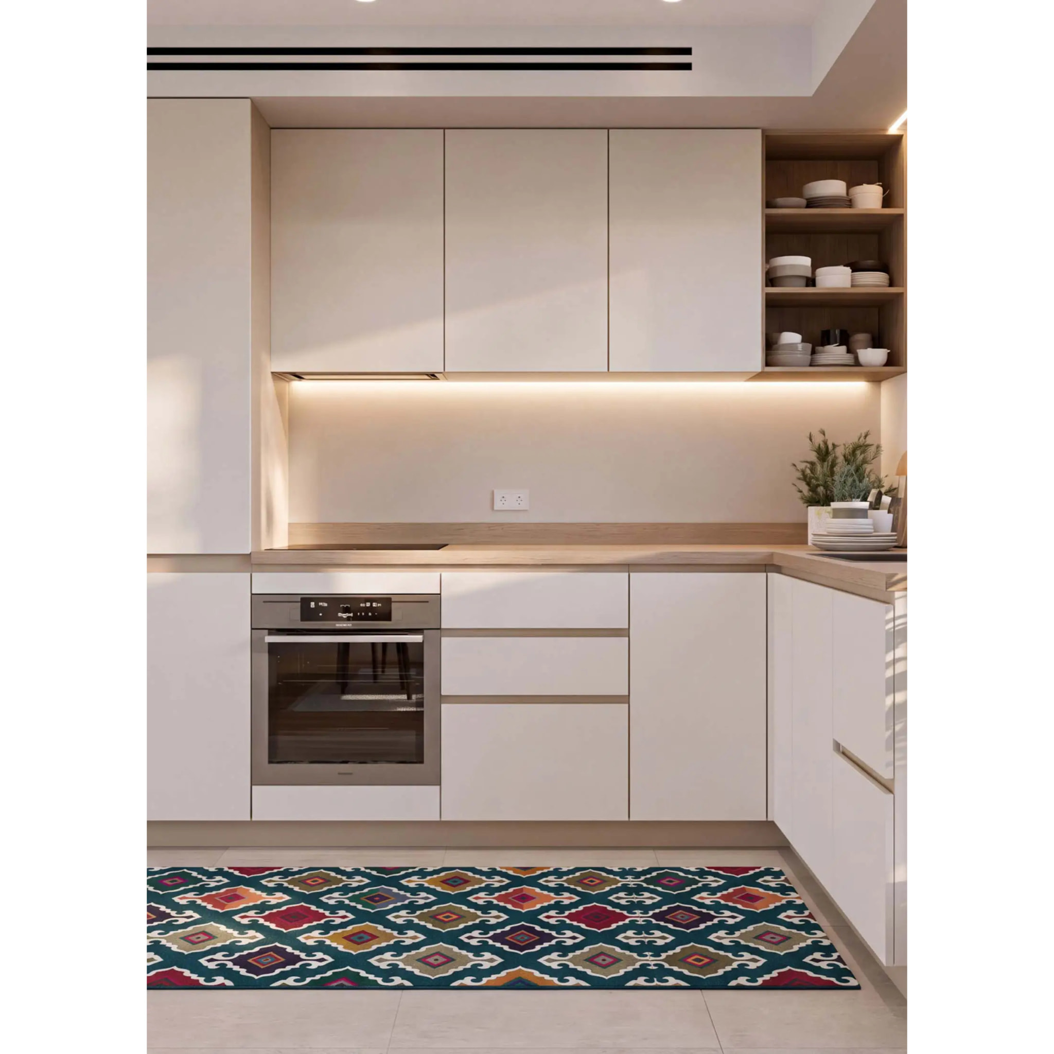 RICCI Alfombra vinílica de cocina dibujos étnicos en verde, varias medidas disponibles.