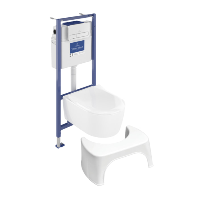 Pack WC suspendu sans bride Avento + Bâti support ViConnect Pro + abattant frein de chute + plaque chromée mat  + Tabouret blanc