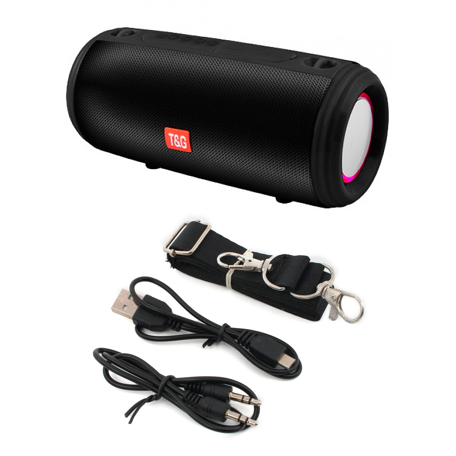 Altavoz portátil Bluetooth 5.3 con sonido potente, radio FM, diferentes conexiones, luces RGB y batería de 1200mAh.