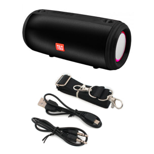 Altavoz portátil Bluetooth 5.3 con sonido potente, radio FM, diferentes conexiones, luces RGB y batería de 1200mAh.